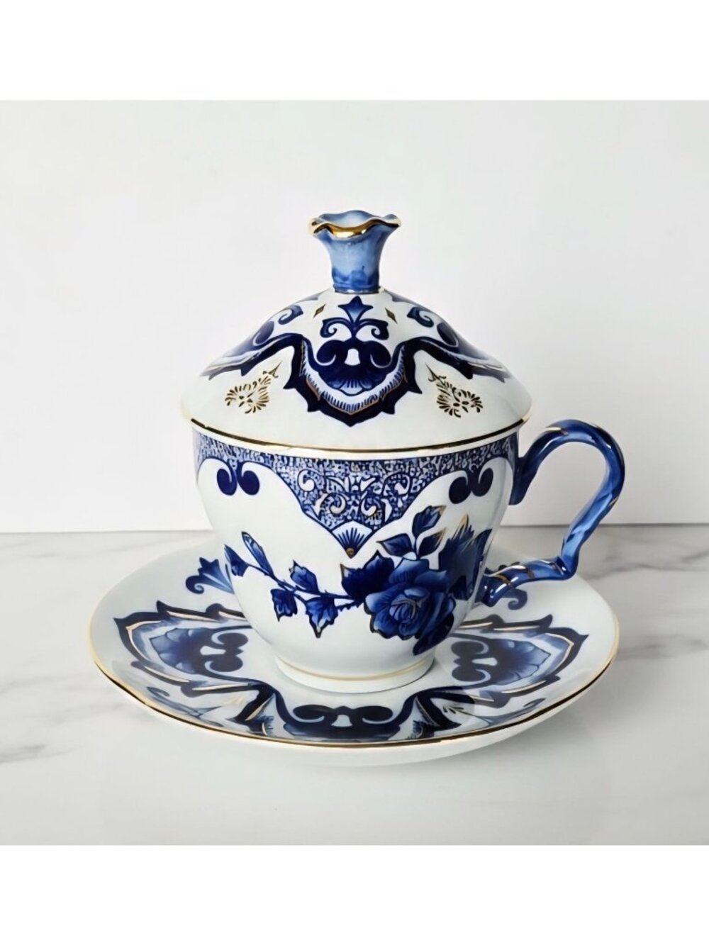 Vintage Bombay Ornate Porcelain Tea Cup Set Navy Gold Floral Design Elegant Coll